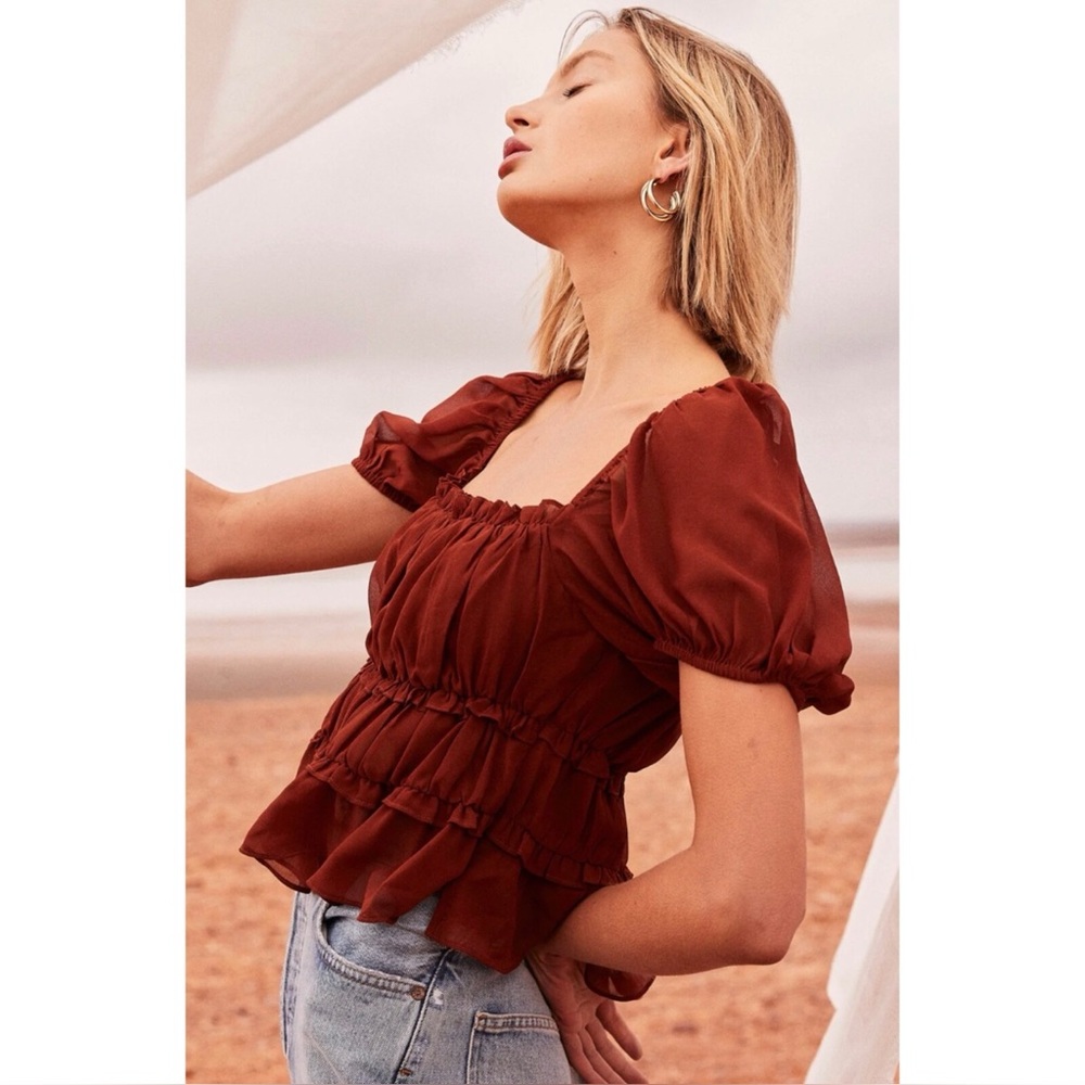 ASTR The Label Puff Sleeve Nutmeg Rust Puff Sleeve Blouse Top Size S